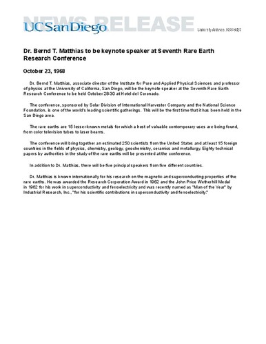 Dr. Bernd T. Matthias to be keynote speaker at Seventh Rare Earth Research Conference