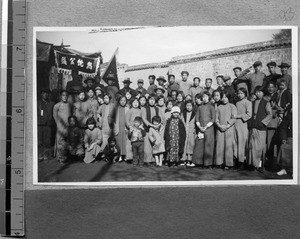 Group at country fair sponsored by Harwood Bible Training School, Fenyang, Shanxi, China, 1936