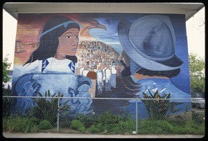 The murals of Ramona Gardens. An Indian woman and a Spanish conquistador, Los Angeles, 1982