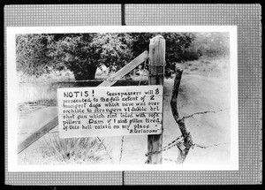 Notice to trespassers at the Wildwood Glen mountain resort, near Descanso, CA, 1932