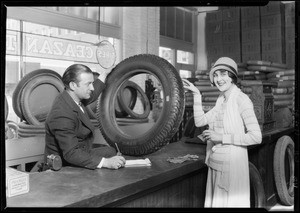 Georgia Biazelle and tires, Ceazan Tire Co., 122 West Washington Street, El Segundo, CA, 1928