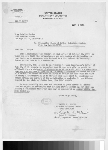 Letter, 1953 Nov. 9, Washington D.C. to Mrs. Estelle Ishigo, Los Angeles, Calif