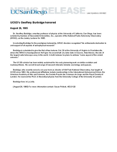 UCSD's Geoffery Burbidge honored
