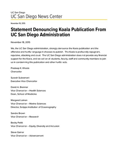 Statement Denouncing Koala Publication From UC San Diego Administration