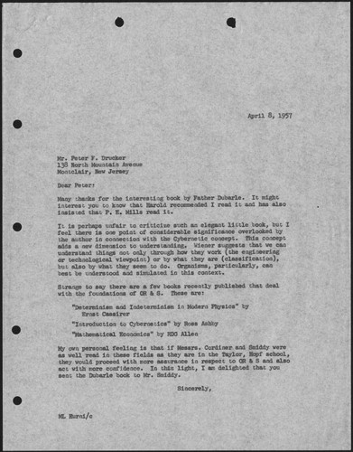 Correspondence from Mel Hurni to Peter F. Drucker, 1957-04-08