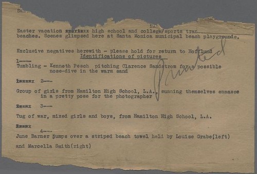 Typewritten description of photographs of young people on beach, 1938