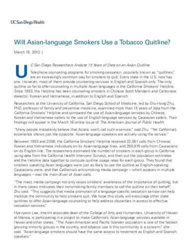 Will Asian-language Smokers Use a Tobacco Quitline?