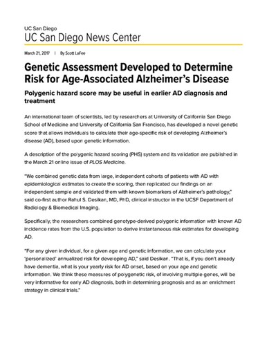 Genetic Assessment Developed to Determine Risk for Age-Associated Alzheimer’s Disease