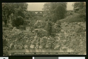 Close-up of the Japanese Gardens and Picture Bridge at the Huntington Hotel, ca.1920