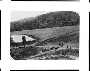 Birdseye view of two reservoirs on Ben White's Foothill Ranch in Corona, ca.1908