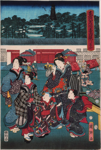 A view of Akabane or Women and children at a tea stall before a daimyo's mansion, from Famous Places in the East
