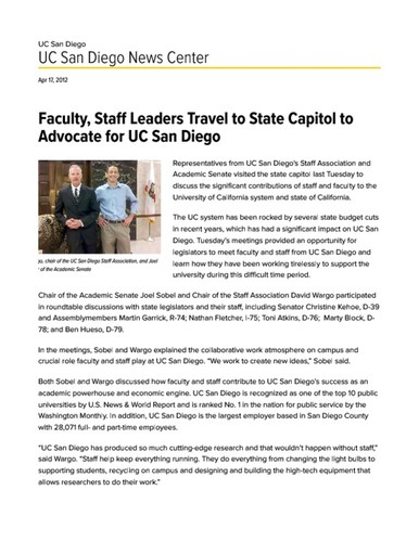 Faculty, Staff Leaders Travel to State Capitol to Advocate for UC San Diego