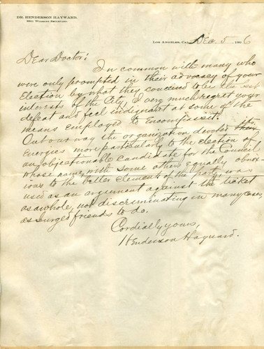 Letter from Henderson Hayward to Walter Lindley