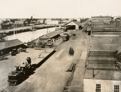 Stockton - Harbors - 1880s: Channel, looking east, with Copperopolis railroad depot in view