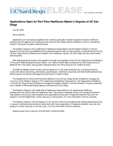 Applications Open for Part-Time Healthcare Master’s Degrees at UC San Diego