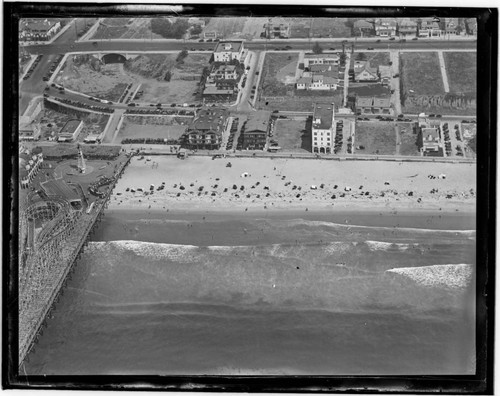 Aerial detail of Santa Monica Pier and beach south of pier