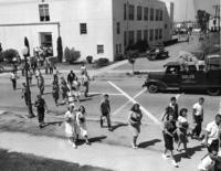 1940s - Teens exit the science building at an unidentified Burbank School