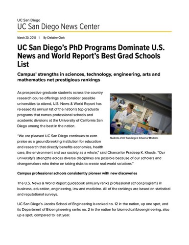 UC San Diego’s PhD Programs Dominate U.S. News and World Report’s Best Grad Schools List