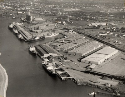 Stockton - Harbors - 1960s: Aerial view of harbor, Port of Stockton