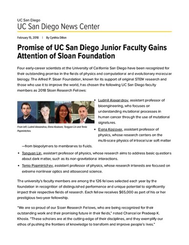 Promise of UC San Diego Junior Faculty Gains Attention of Sloan Foundation
