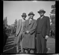 Ralph Hiatt, Doc Ashby, and another man pose together at the Iowa Picnic in Lincoln Park, Los Angeles, 1939