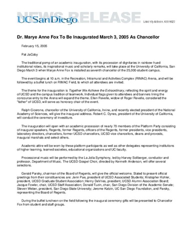 Dr. Marye Anne Fox To Be Inaugurated March 3, 2005 As Chancellor