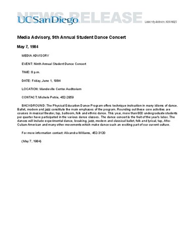 Media Advisory, 9th Annual Student Dance Concert