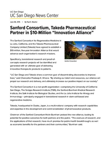 Sanford Consortium, Takeda Pharmaceutical Partner in $10-Million “Innovation Alliance”