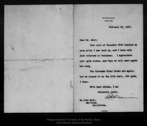Letter from E[dward] H[enry] Harriman to John Muir, 1907 Feb 20