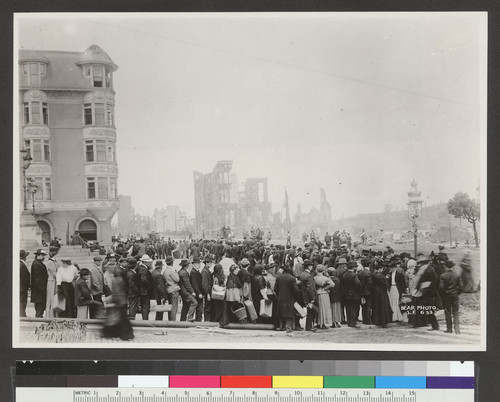 [Refugee line at St. Mary's Cathedral, Van Ness Ave. at McAllister St.]