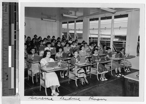 Girls studying in science lecture room, St. Joseph's High School, Hilo, Hawaii, ca. 1949