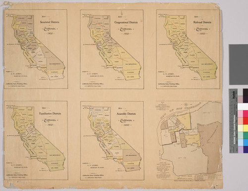 California political subdivisions maps showing senatorial, congressional, railroad, equalization, and assembly districts plus a map of San Francisco political subdivisions