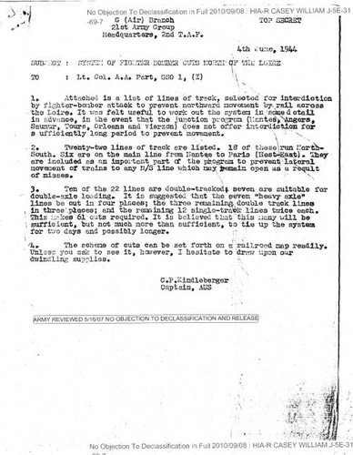 C. P. Kindleberger memo regarding system fo fighter bomber cuts north of the Loire