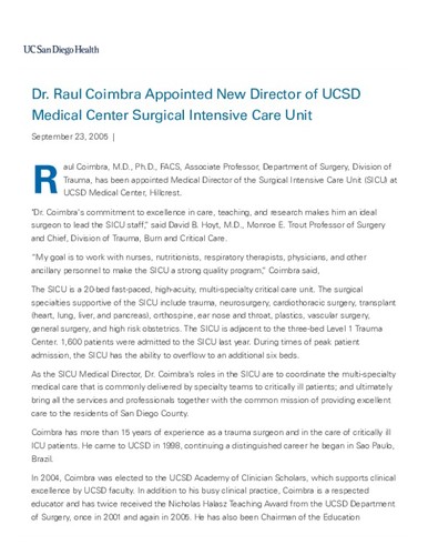 Dr. Raul Coimbra Appointed New Director of UCSD Medical Center Surgical Intensive Care Unit