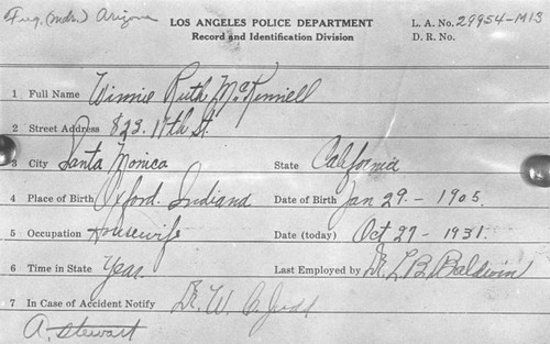Winnie Ruth Judd's LAPD record