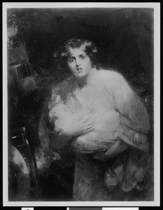 The painting "Women and Children First' by T. Howard Michael, depicting an alarmed woman holding a child