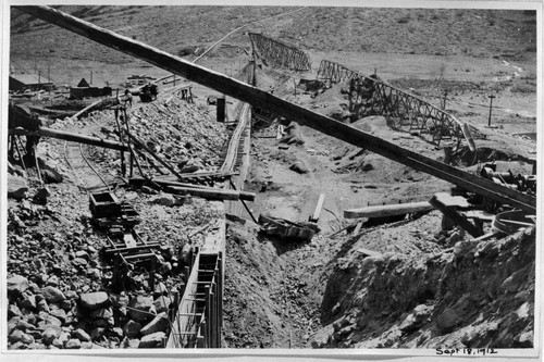 Copies of old construction photos at Lundy Dam