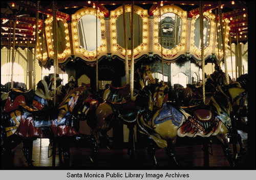 Merry-go-round horses at night on the Santa Monica Pier