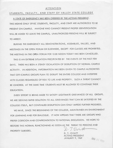 State of emergency declared by Delmar T. Oviatt, January 9, 1969