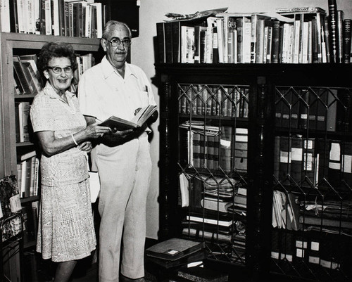 Omar and Dorothy Barker with Local History collection at the Banning Public Library