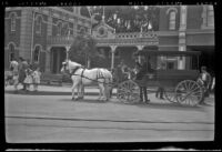 Surrey carriage stopped on Main Street in front of the Fire Department at Disneyland, Anaheim, 1957