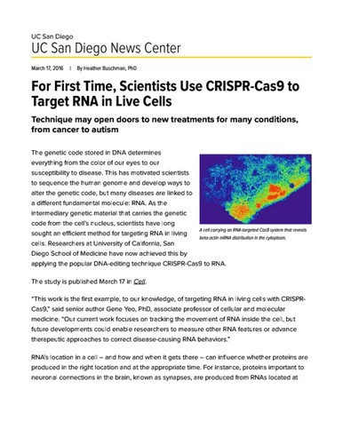 For First Time, Scientists Use CRISPR-Cas9 to Target RNA in Live Cells