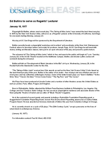 Ed Bullins to serve as Regents' Lecturer