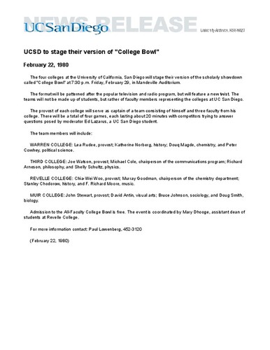 UCSD to stage their version of "College Bowl"