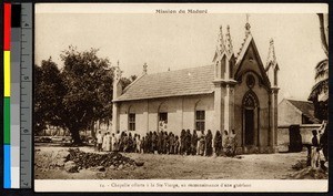 People standing outside a newly-erected church, India, ca.1920-1940