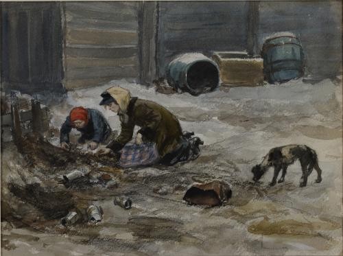 Ivan Vladimirov watercolor of a woman and girl searching for potato peels and herring-heads