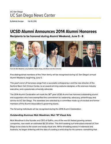 UCSD Alumni Announces 2014 Alumni Honorees