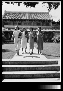 Women students in front of dormitory, Yenching University, Beijing, China, 1941