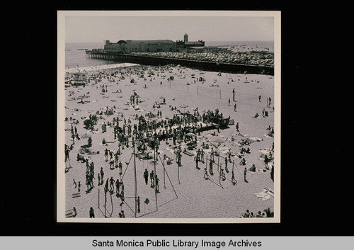 Aerial view of Muscle Beach and pier, Santa Monica, Calif. on July 4, 1956