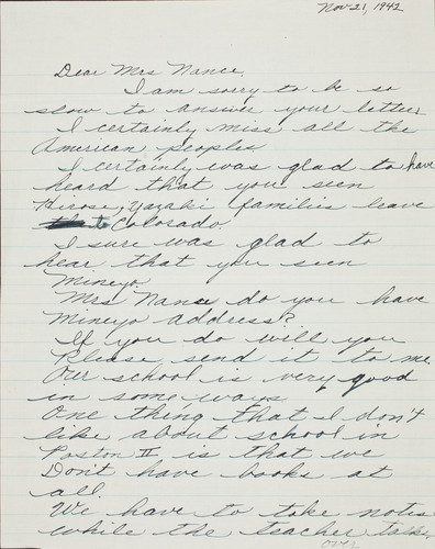Letter from Kazue Murakishi to [Afton] Nance, 1942, Nov 21